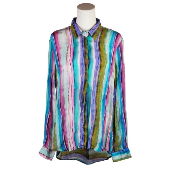 APNY Multicolor Watercolor Stripe Button Down Blouse L Roll Tab Sleeve - Picture 1 of 9